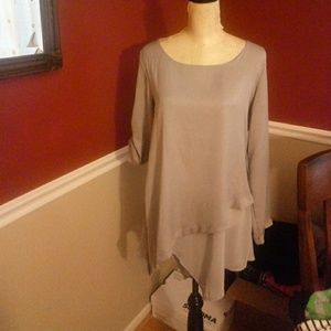 Gray Long Sleeve Tunic with Asymmetrical Hem